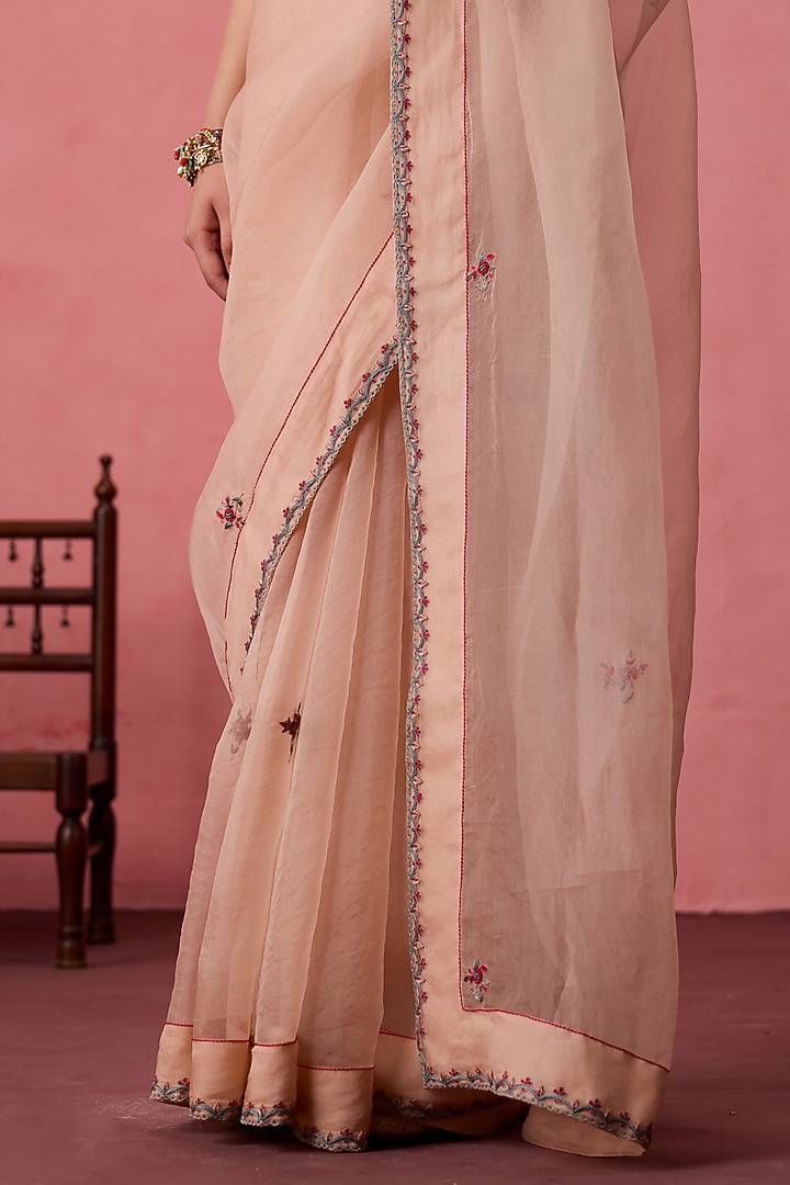 Cozy Peach Organza Boota Embroidered Party Wear Saree Set by JANKI INDIA at Pernia's Pop Up Shop