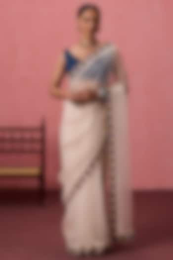 Ivory Organza Cutwork Embroidered Wedding Saree Set by JANKI INDIA at Pernia's Pop Up Shop