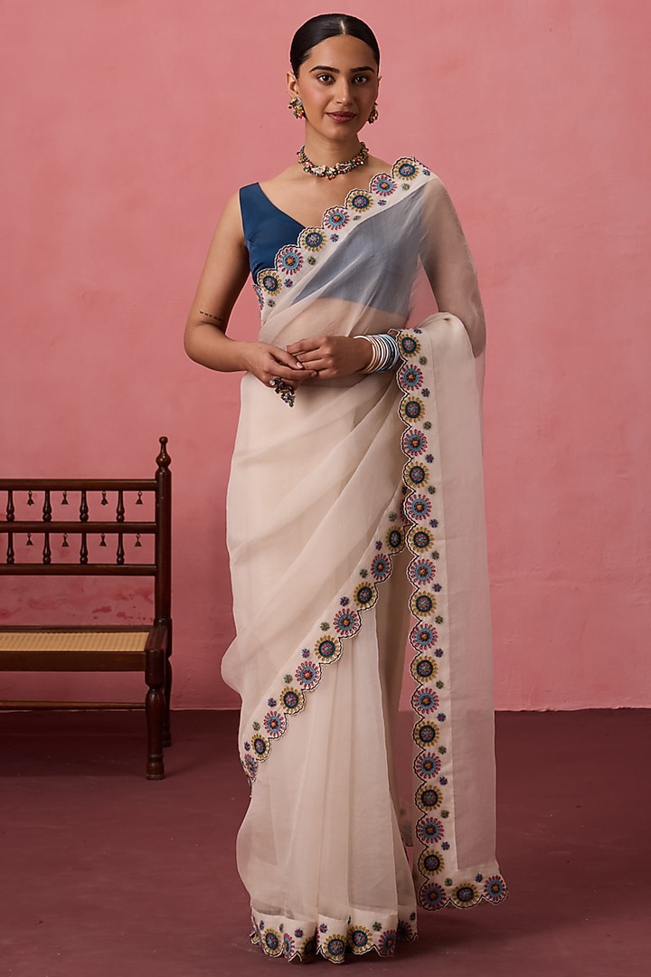 Ivory Organza Cutwork Embroidered Wedding Saree Set by JANKI INDIA at Pernia's Pop Up Shop