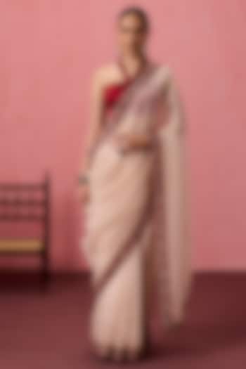 Champagne Organza Cutwork Embroidered Wedding Saree Set by JANKI INDIA at Pernia's Pop Up Shop