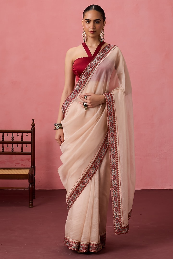 Champagne Organza Cutwork Embroidered Wedding Saree Set by JANKI INDIA at Pernia's Pop Up Shop