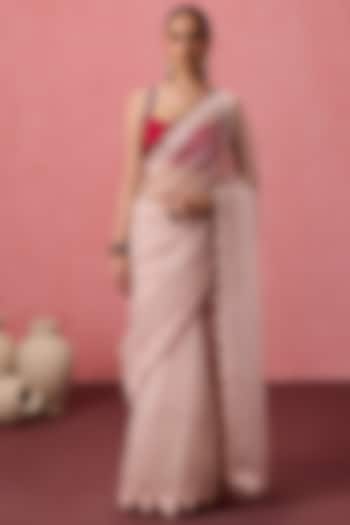 Cozy Pink Organza Kaatha Embroidered Wedding Saree Set by JANKI INDIA at Pernia's Pop Up Shop