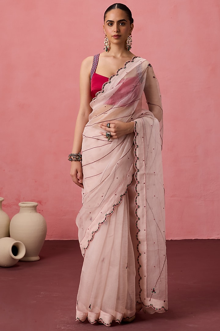 Cozy Pink Organza Kaatha Embroidered Wedding Saree Set by JANKI INDIA at Pernia's Pop Up Shop