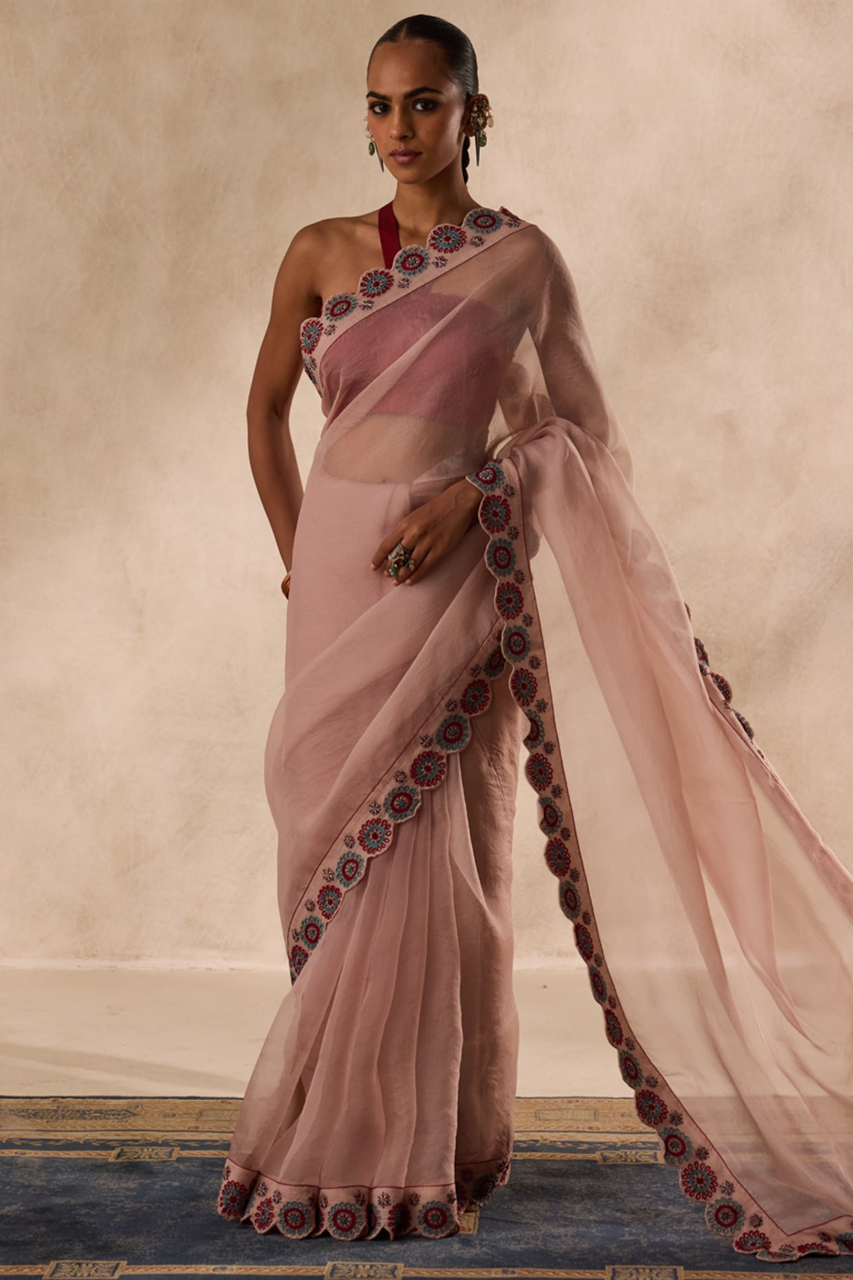 JANKI INDIA Rose Gold Organza Cutwork Embroidered Saree Set