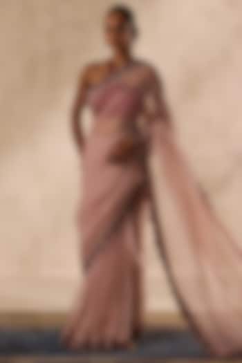 Rose Gold Organza Cutwork Embroidered Wedding Saree Set by JANKI INDIA at Pernia's Pop Up Shop