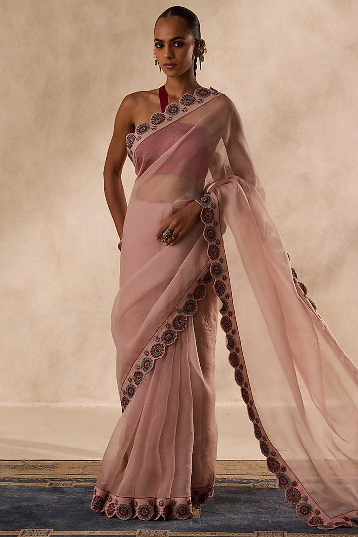 Rose Gold Organza Cutwork Embroidered Wedding Saree Set by JANKI INDIA at Pernia's Pop Up Shop