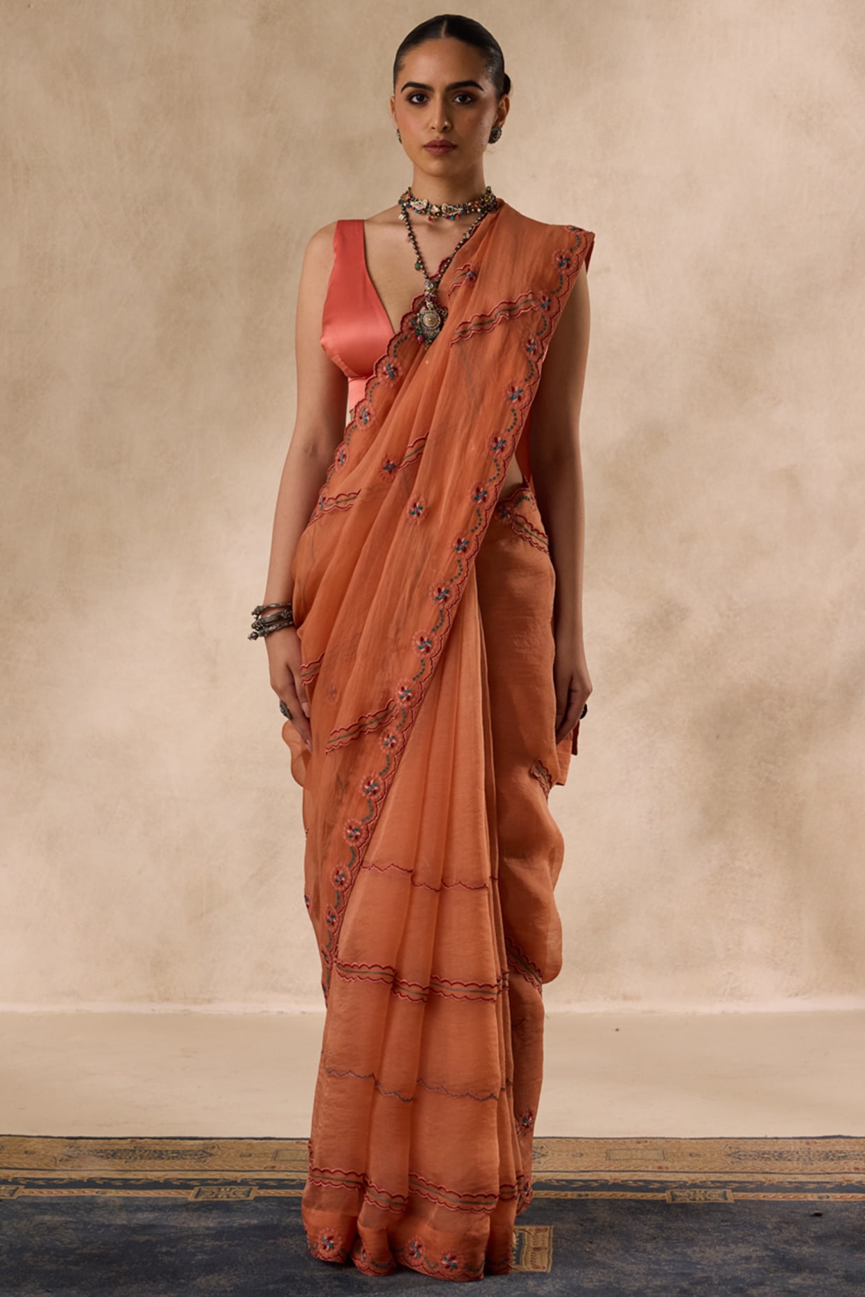 JANKI INDIA Peach Organza Embroidered Saree Set