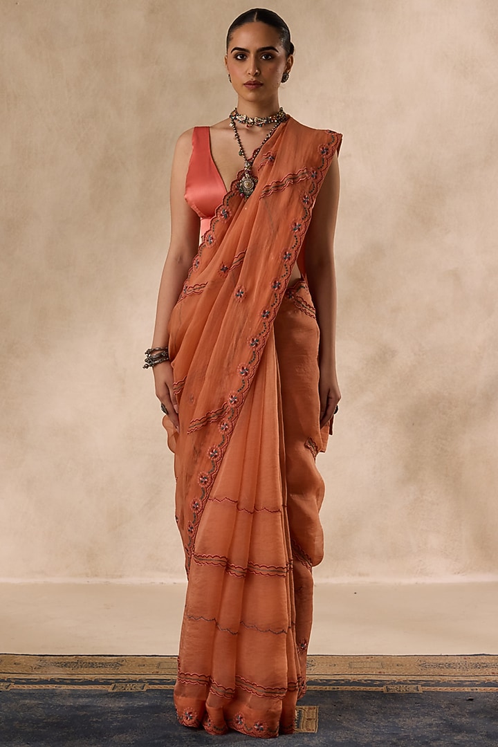 Peach Organza Embroidered Wedding Saree Set by JANKI INDIA at Pernia's Pop Up Shop