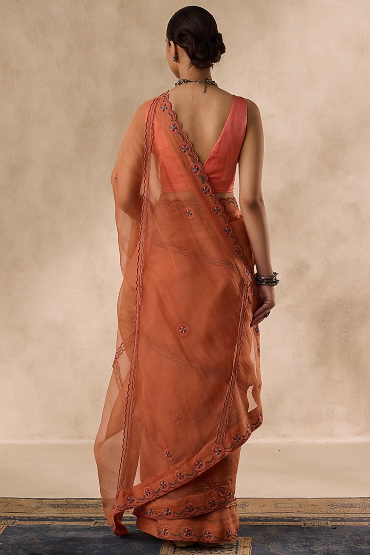 Peach Organza Embroidered Wedding Saree Set by JANKI INDIA at Pernia's Pop Up Shop