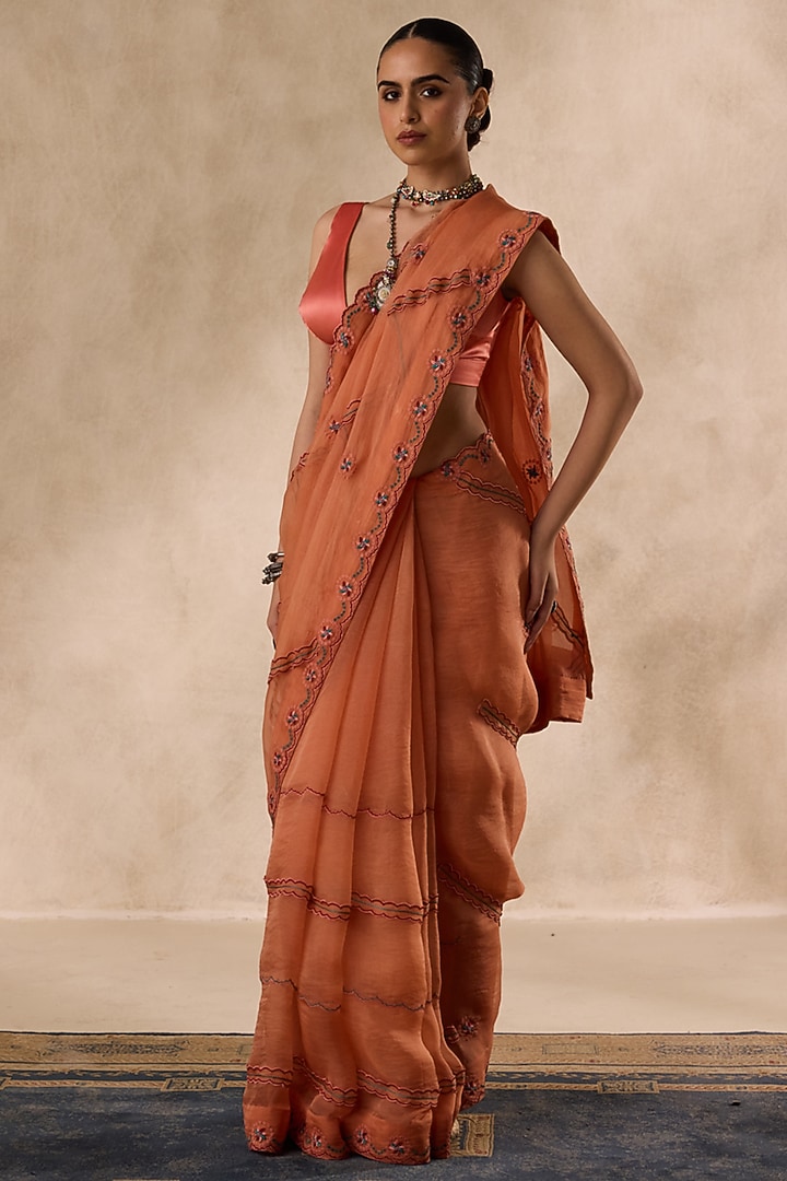 Peach Organza Embroidered Wedding Saree Set by JANKI INDIA at Pernia's Pop Up Shop