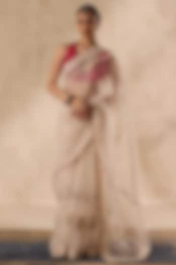 Ivory Organza French-Knot Embroidered Wedding Saree Set by JANKI INDIA at Pernia's Pop Up Shop
