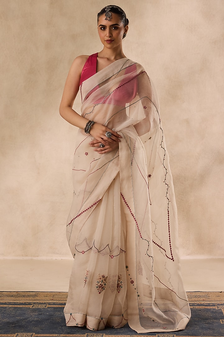 Ivory Organza French-Knot Embroidered Wedding Saree Set by JANKI INDIA at Pernia's Pop Up Shop