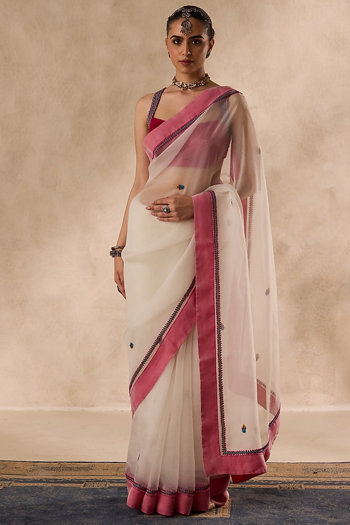 Ivory Organza Boota Embroidered Party Wear Saree Set by JANKI INDIA at Pernia's Pop Up Shop