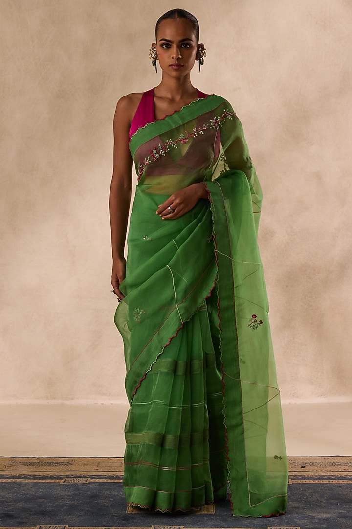 Green Organza Embroidered Wedding Saree Set by JANKI INDIA at Pernia's Pop Up Shop