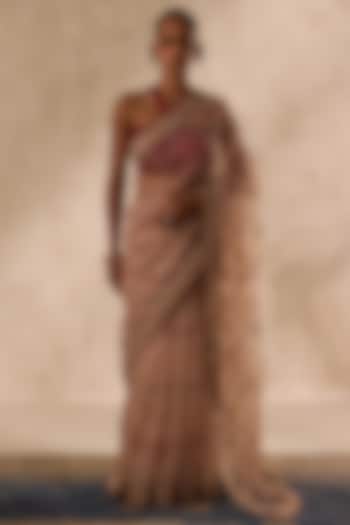Beige Organza Embroidered Wedding Saree Set by JANKI INDIA at Pernia's Pop Up Shop