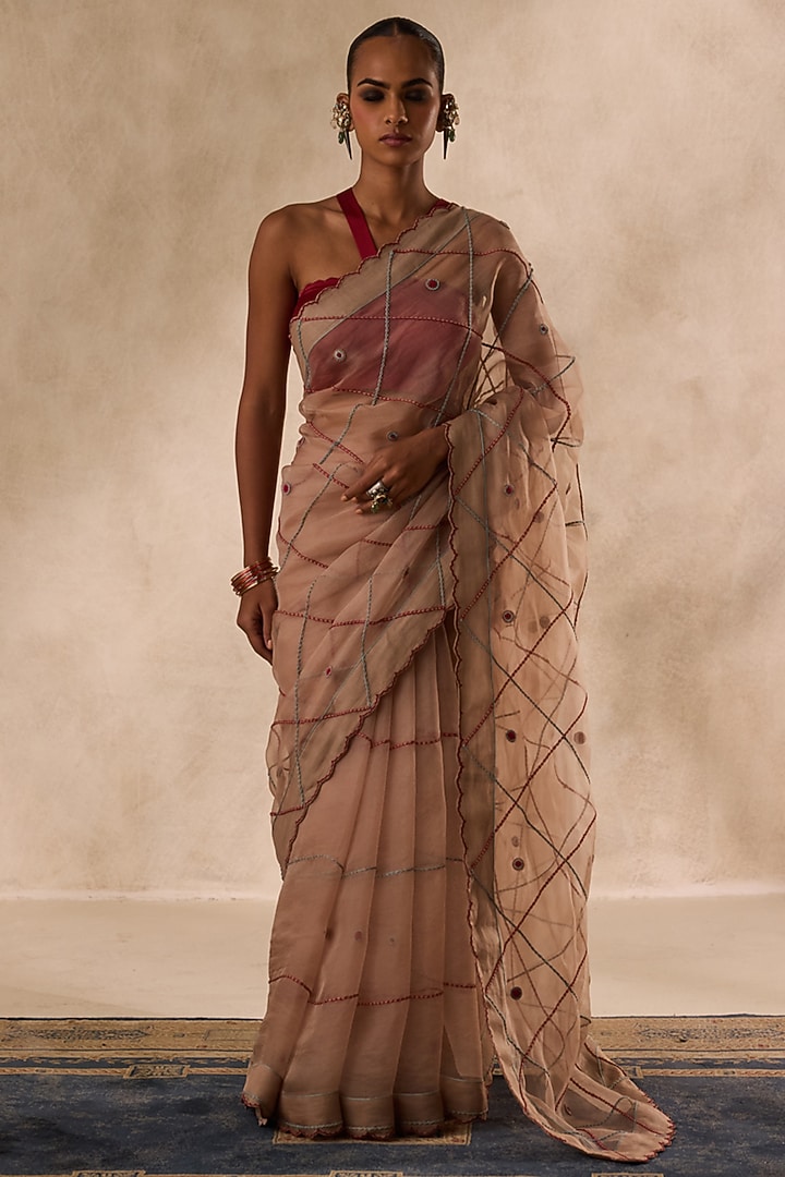 Beige Organza Embroidered Wedding Saree Set by JANKI INDIA at Pernia's Pop Up Shop