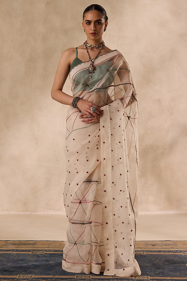 Ivory Organza Resham Embroidered Wedding Saree Set by JANKI INDIA at Pernia's Pop Up Shop