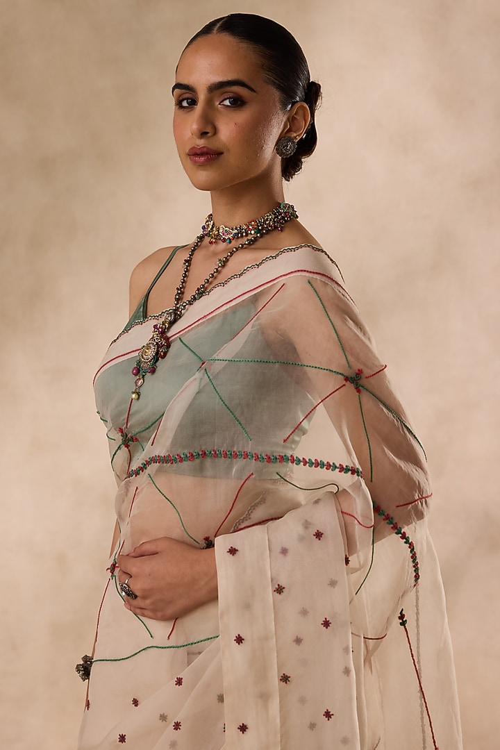 Ivory Organza Resham Embroidered Wedding Saree Set by JANKI INDIA at Pernia's Pop Up Shop
