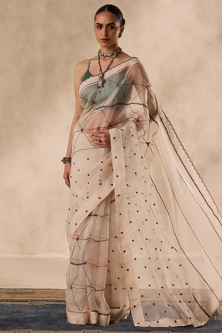 Ivory Organza Resham Embroidered Wedding Saree Set by JANKI INDIA at Pernia's Pop Up Shop