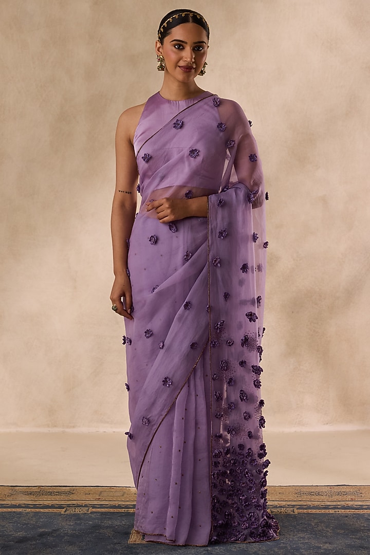 Lilac Organza Beads Embellished Wedding Saree Set by JANKI INDIA at Pernia's Pop Up Shop