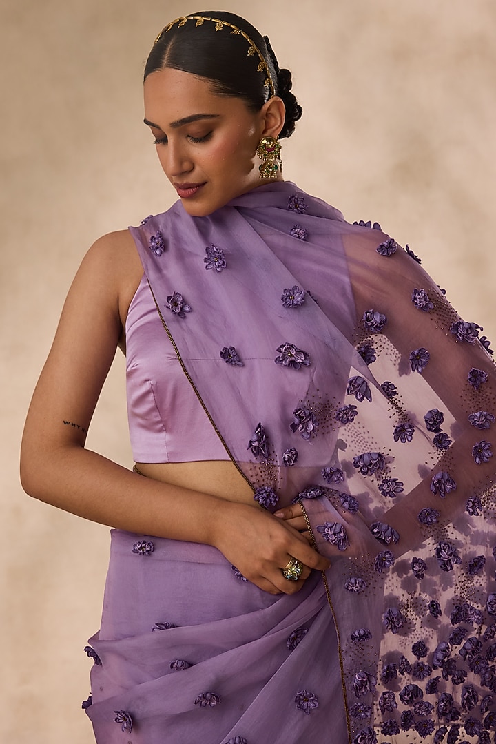 Lilac Organza Beads Embellished Wedding Saree Set by JANKI INDIA at Pernia's Pop Up Shop