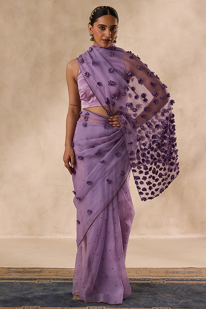 Lilac Organza Beads Embellished Wedding Saree Set by JANKI INDIA at Pernia's Pop Up Shop