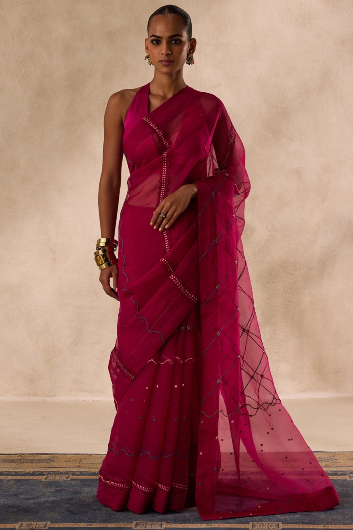 JANKI INDIA Wine Organza Jaal Embroidered Saree Set