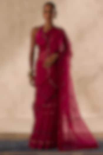 Wine Organza Jaal Embroidered Wedding Saree Set by JANKI INDIA at Pernia's Pop Up Shop