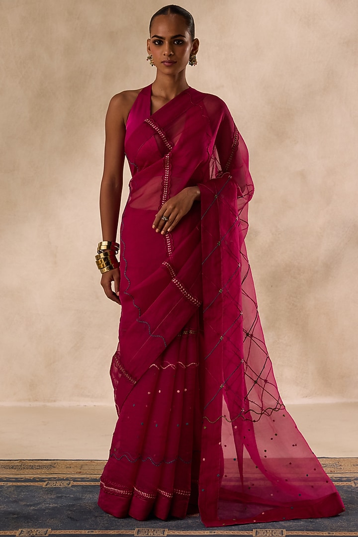 Wine Organza Jaal Embroidered Wedding Saree Set by JANKI INDIA at Pernia's Pop Up Shop