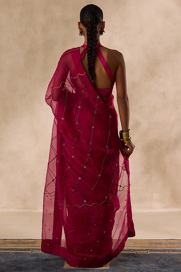 Wine Organza Jaal Embroidered Wedding Saree Set by JANKI INDIA at Pernia's Pop Up Shop