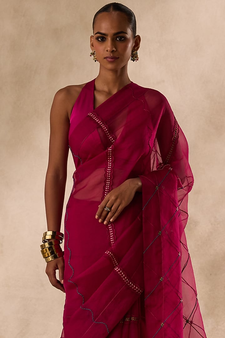 Wine Organza Jaal Embroidered Wedding Saree Set by JANKI INDIA at Pernia's Pop Up Shop