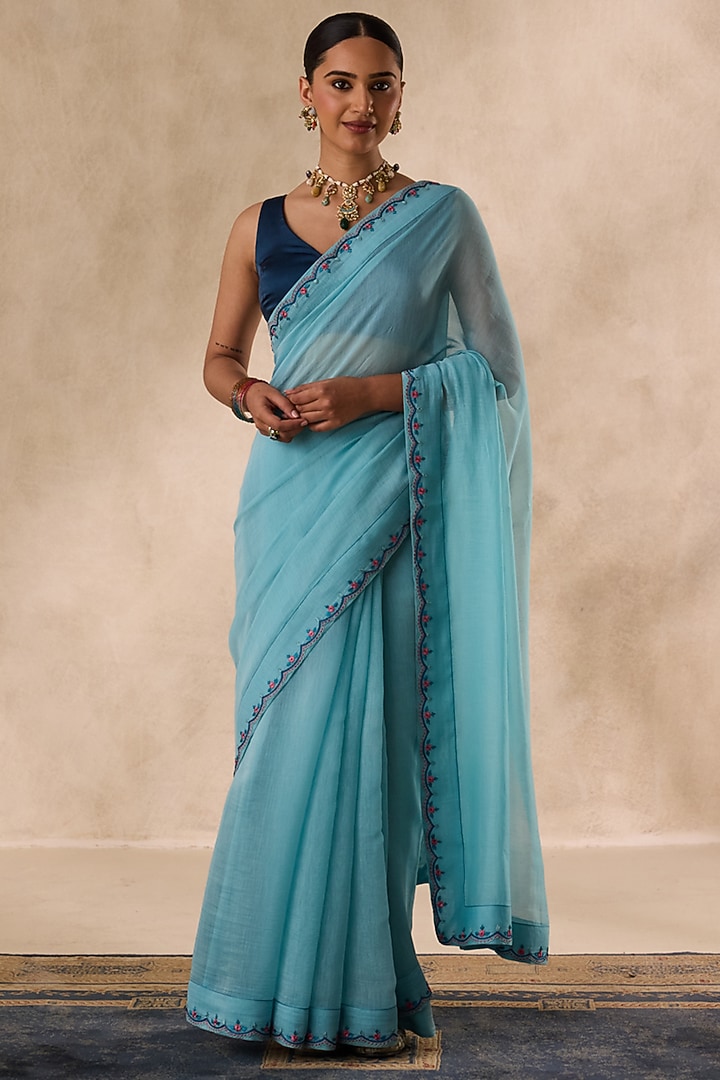 Sky Chanderi Embroidered Party Wear Saree Set by JANKI INDIA at Pernia's Pop Up Shop