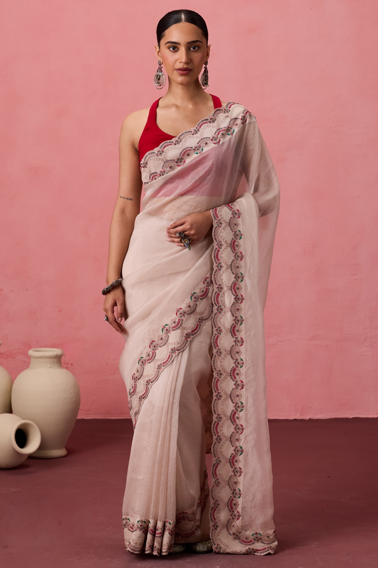 JANKI INDIA Pristine White Organza Jaal Embroidered Saree Set