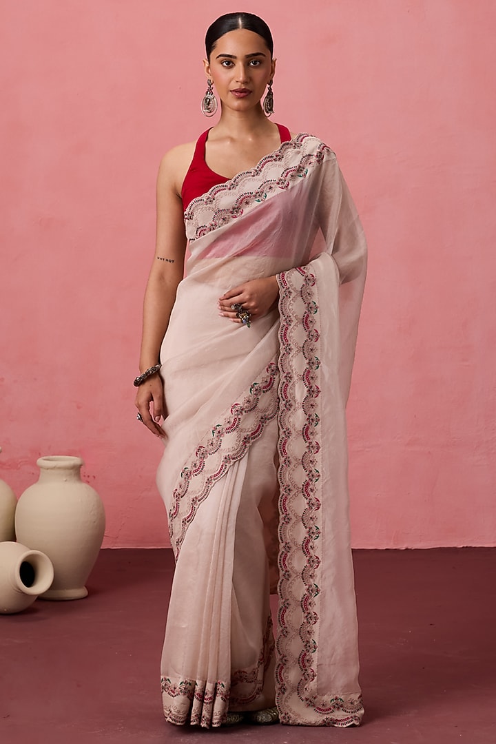 Pristine White Organza Jaal Embroidered Party Wear Saree Set by JANKI INDIA at Pernia's Pop Up Shop