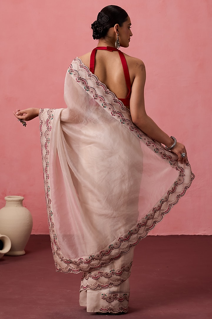 Pristine White Organza Jaal Embroidered Party Wear Saree Set by JANKI INDIA at Pernia's Pop Up Shop