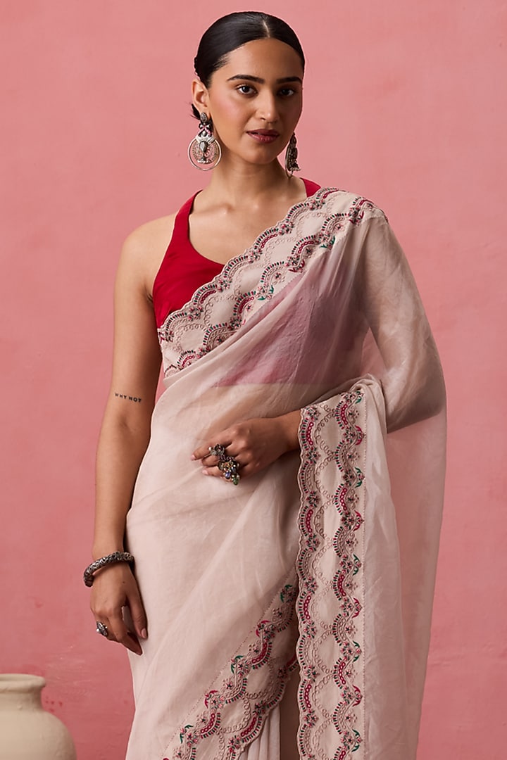 Pristine White Organza Jaal Embroidered Party Wear Saree Set by JANKI INDIA at Pernia's Pop Up Shop