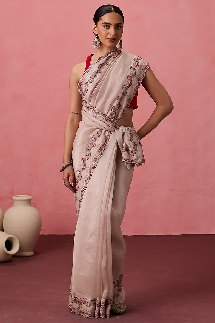 Pristine White Organza Jaal Embroidered Party Wear Saree Set by JANKI INDIA at Pernia's Pop Up Shop