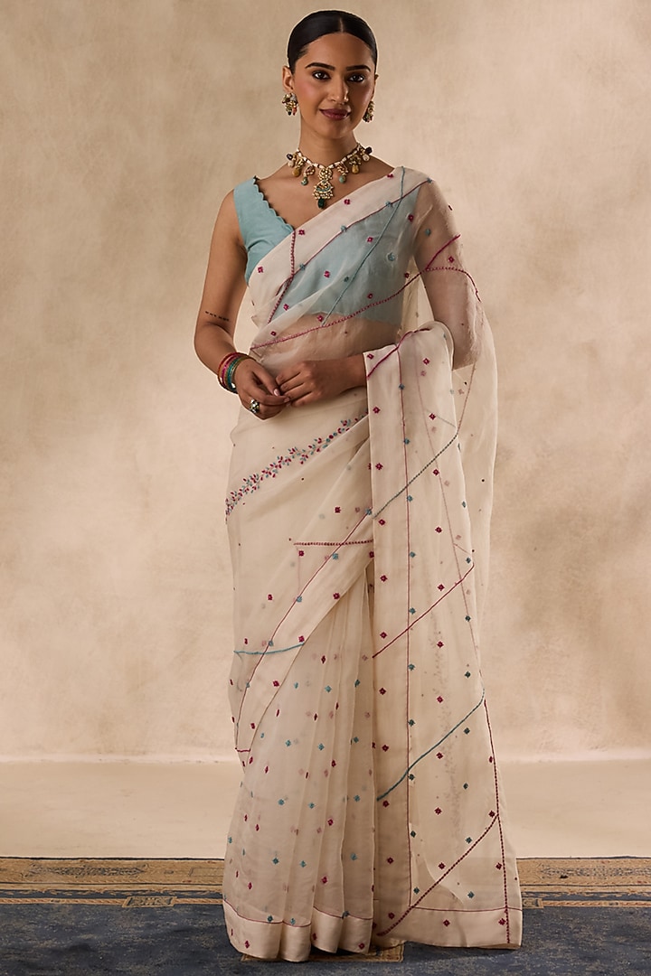 Ivory Organza French-Knot Embroidered Wedding Saree Set by JANKI INDIA at Pernia's Pop Up Shop