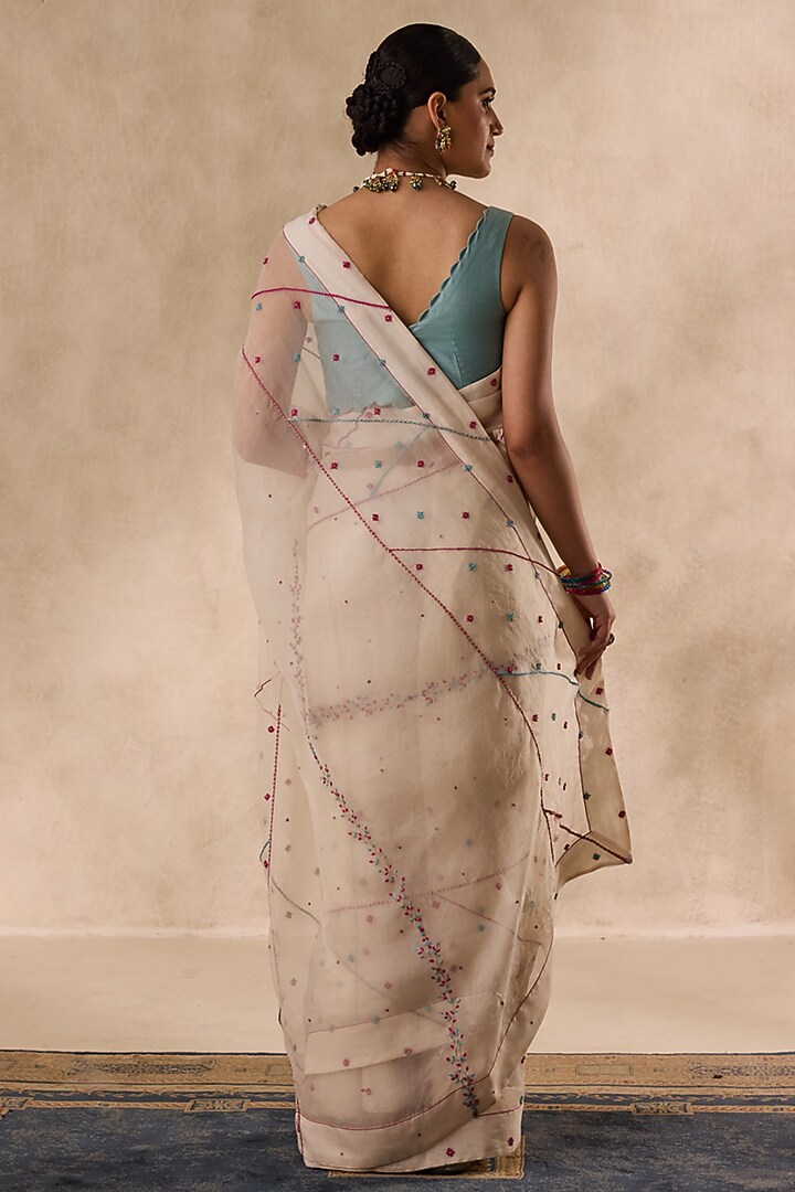 Ivory Organza French-Knot Embroidered Wedding Saree Set by JANKI INDIA at Pernia's Pop Up Shop