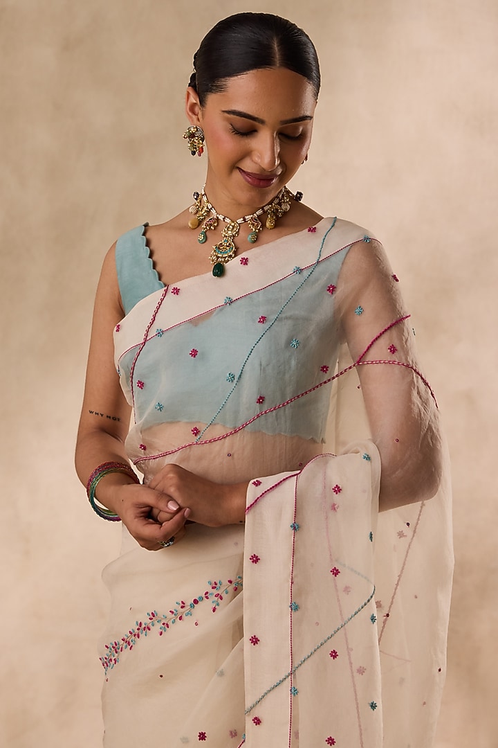 Ivory Organza French-Knot Embroidered Wedding Saree Set by JANKI INDIA at Pernia's Pop Up Shop