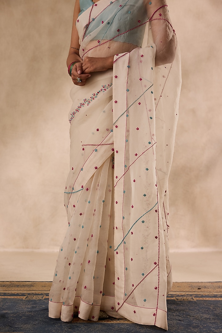 Ivory Organza French-Knot Embroidered Wedding Saree Set by JANKI INDIA at Pernia's Pop Up Shop