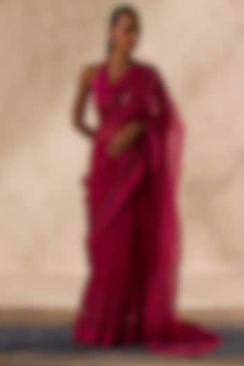 Wine Organza Jaal Embroidered Wedding Saree Set by JANKI INDIA at Pernia's Pop Up Shop