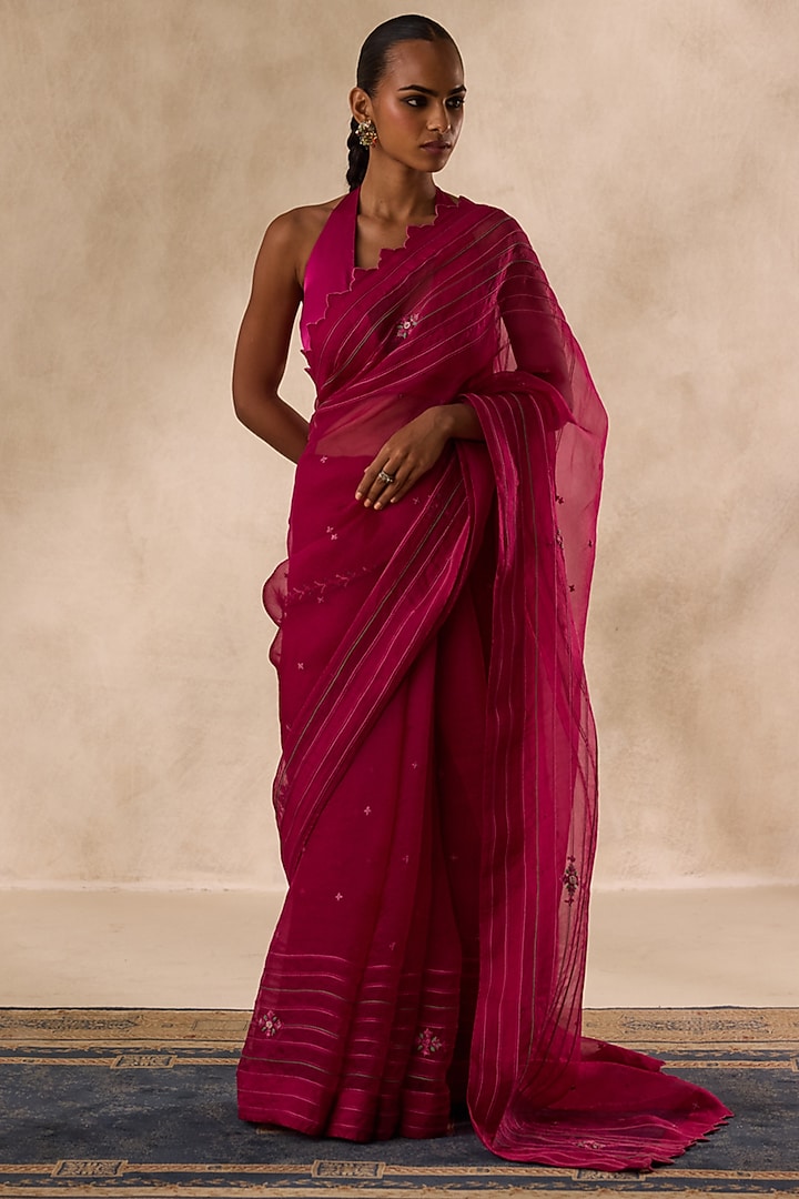 Wine Organza Jaal Embroidered Wedding Saree Set by JANKI INDIA at Pernia's Pop Up Shop