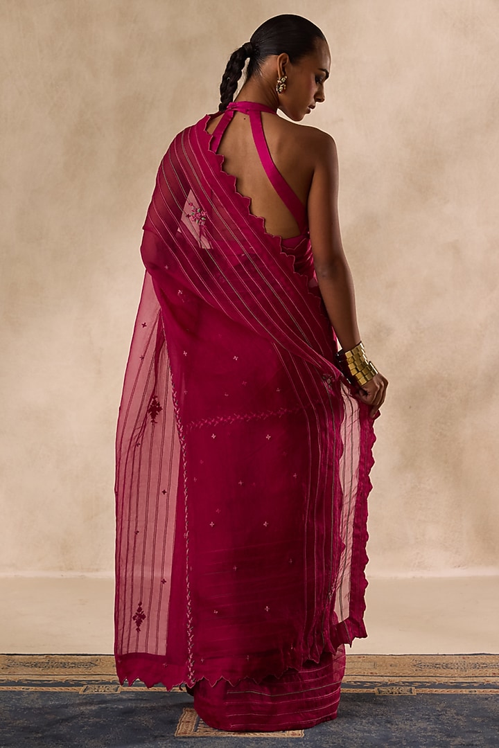 Wine Organza Jaal Embroidered Wedding Saree Set by JANKI INDIA at Pernia's Pop Up Shop