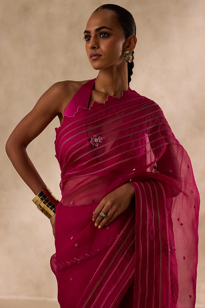 Wine Organza Jaal Embroidered Wedding Saree Set by JANKI INDIA at Pernia's Pop Up Shop