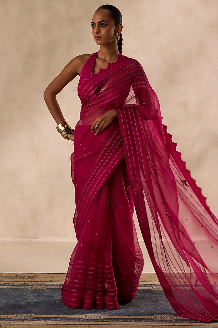 Wine Organza Jaal Embroidered Wedding Saree Set by JANKI INDIA at Pernia's Pop Up Shop