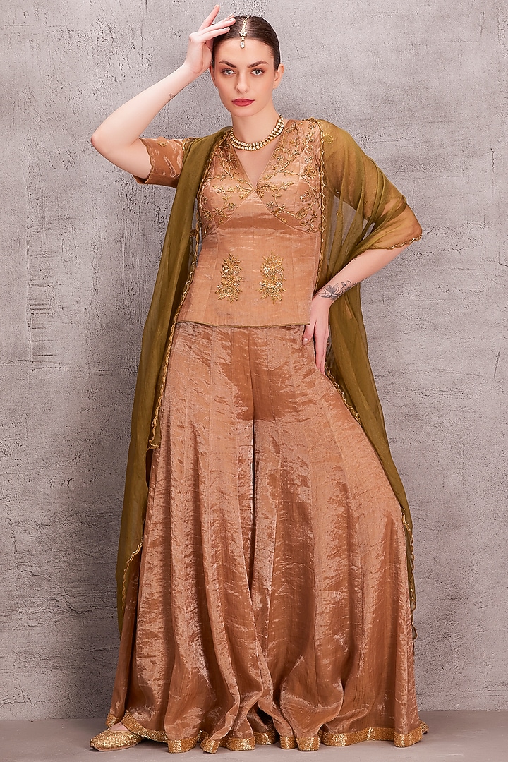Antique Gold Tissue Silk Kalidar Wedding Sharara Set by JANKI INDIA at Pernia's Pop Up Shop
