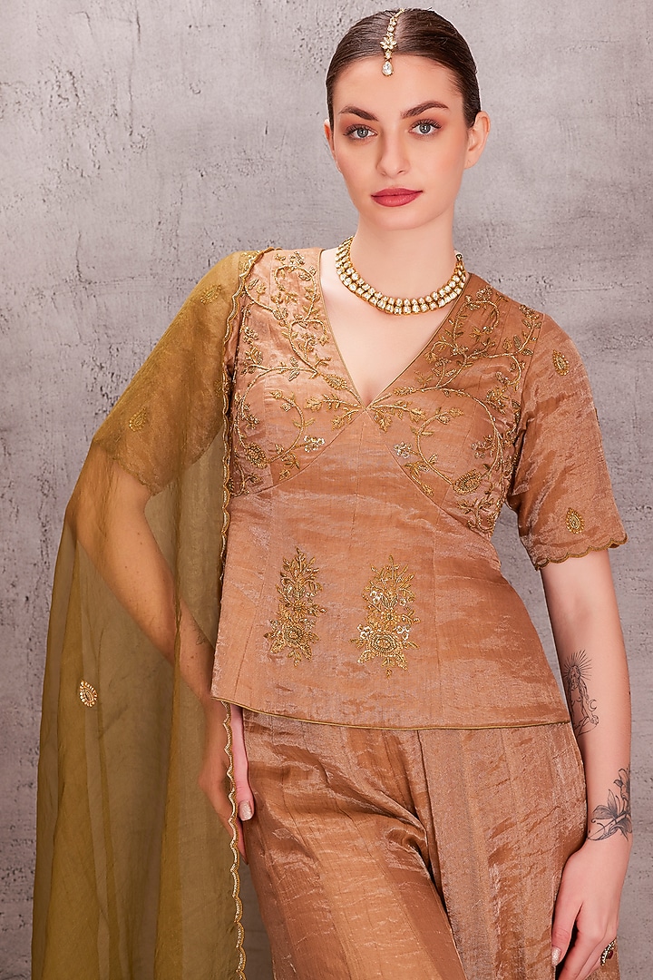 Antique Gold Tissue Silk Kalidar Wedding Sharara Set by JANKI INDIA at Pernia's Pop Up Shop