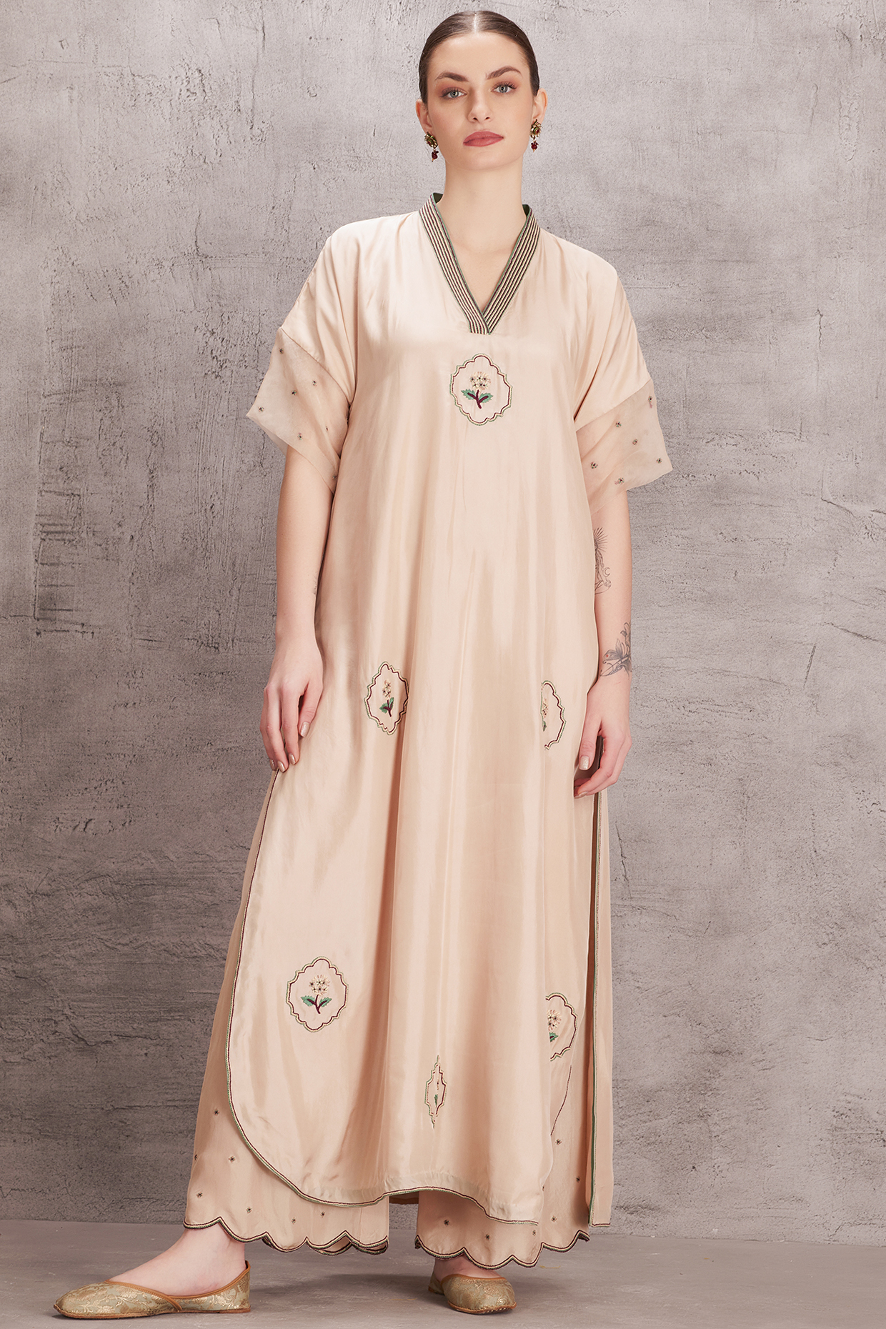 Beige Pure Silk Thread Work Kaftan Set by JANKI INDIA at Pernia's Pop Up Shop