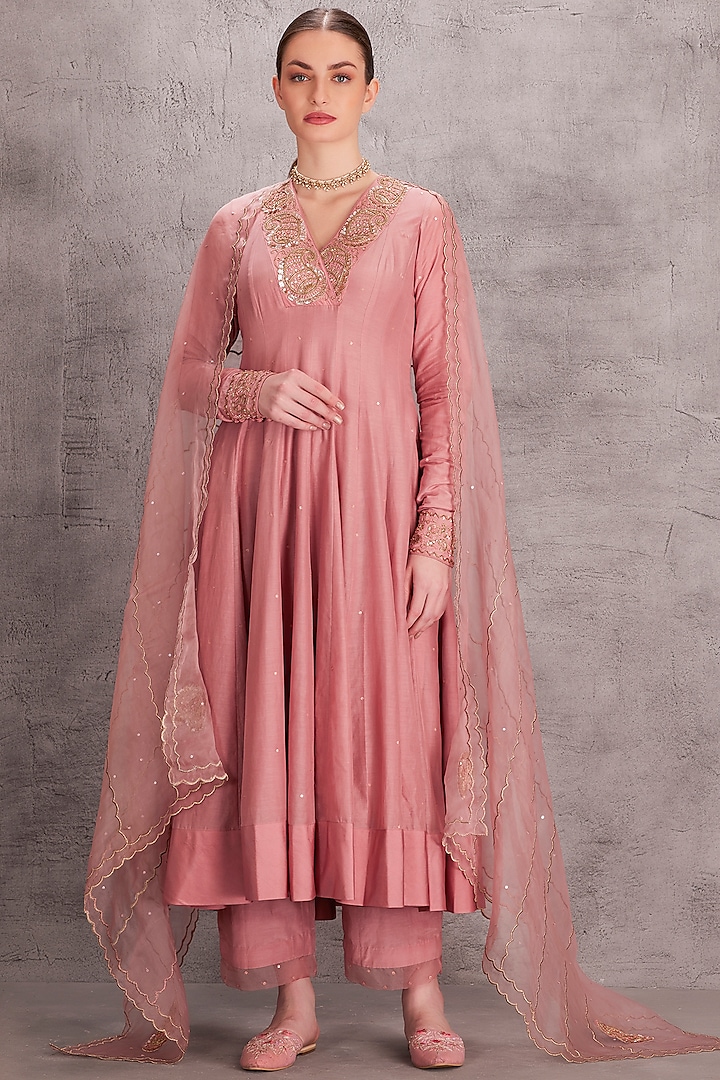 Baby Pink Cotton Silk Dabka & Sequins Embellished Anarkali Set by JANKI INDIA at Pernia's Pop Up Shop